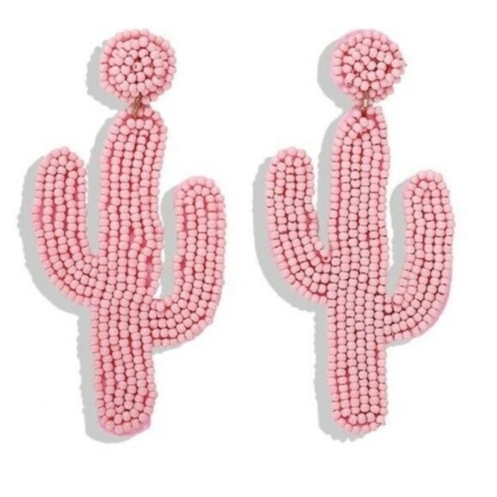 Pink Beaded Cactus Long Dangle Summer Earrings